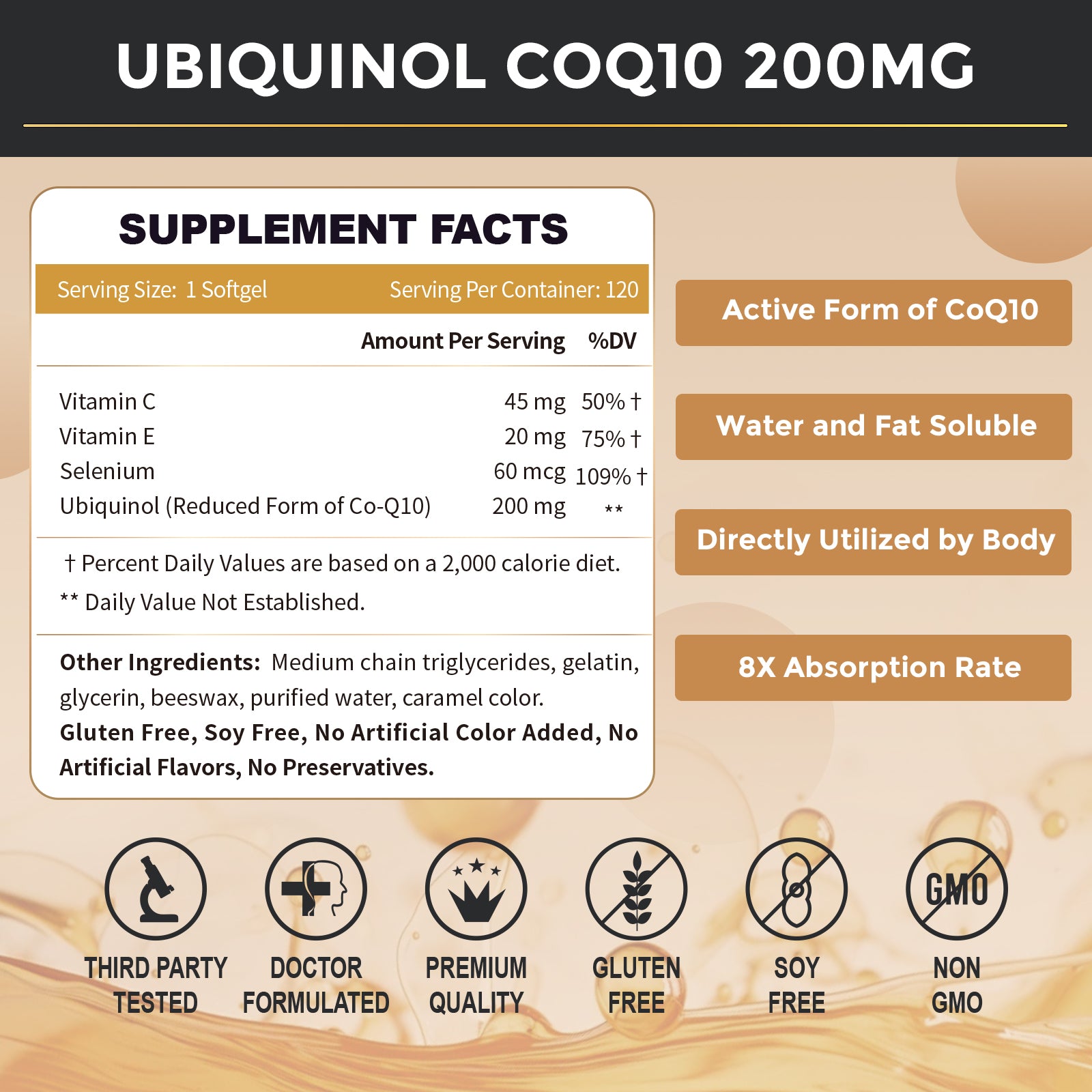 Ubiquinol CoQ10 200mg 4 in 1 Heart Health and Energy Support 120 Softgels