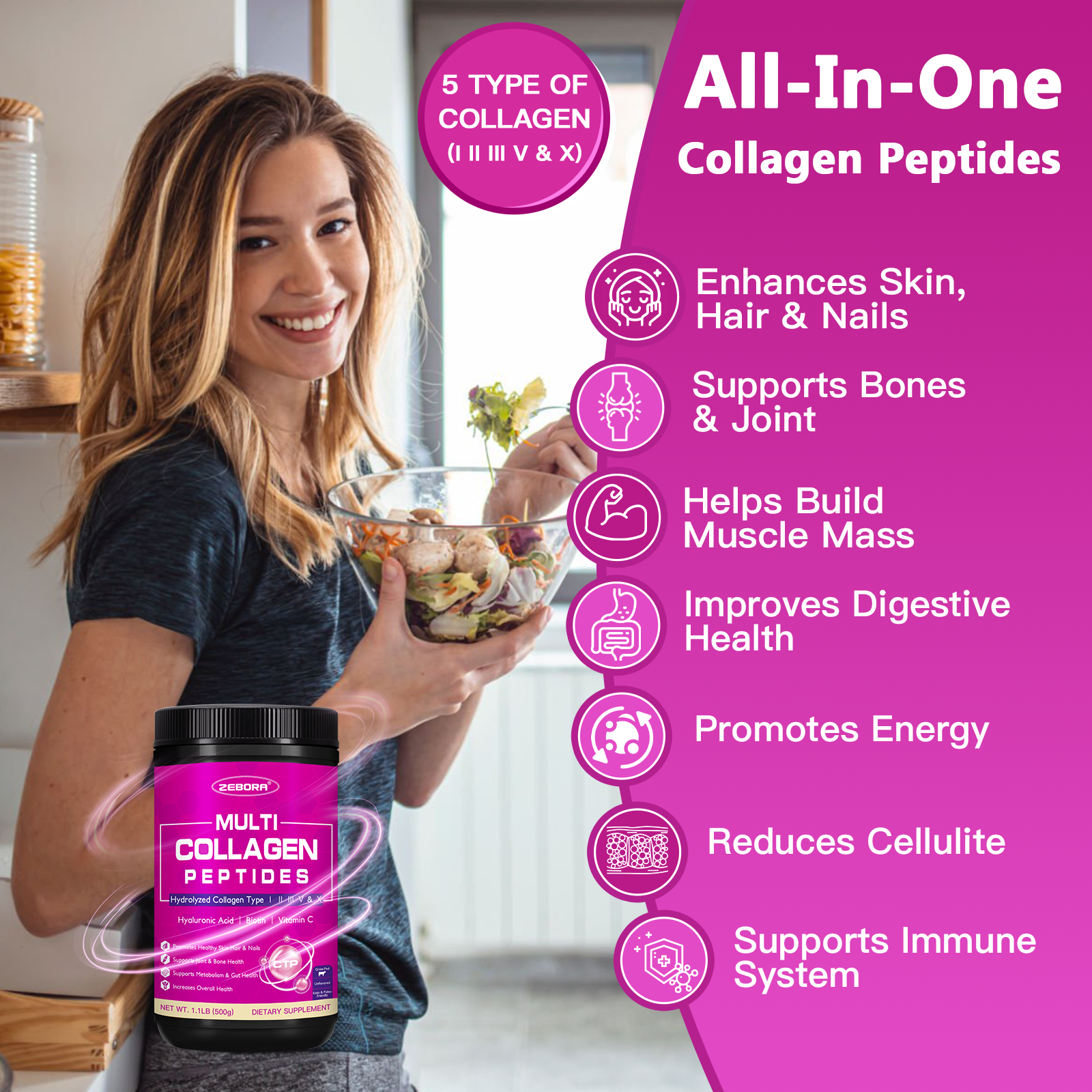 Hydrolyzed Multi Collagen Peptides Powder with MSM and CS 50 Servings for Joint Skin Hair and Nail Support Types I II III V X Keto Friendly