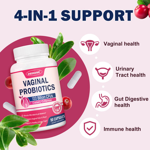 100B Women’s Probiotic for Vaginal pH, Digestive & Urinary Health with Cranberry & Prebiotics, 90 Cap