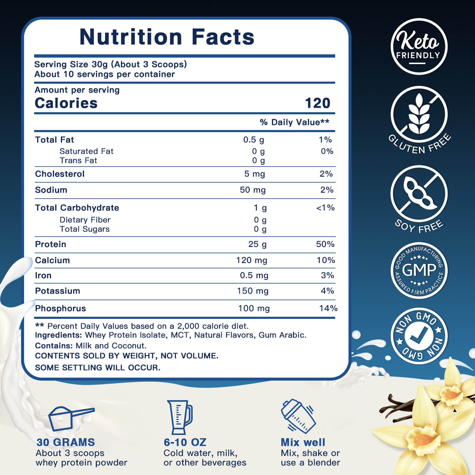 Whey Protein Powder, Vanilla Flavor, Grass Fed Whey Protein Isolate, 25g Protein Per Serving, Keto Friendly, 10.58 Oz, 10 Servings