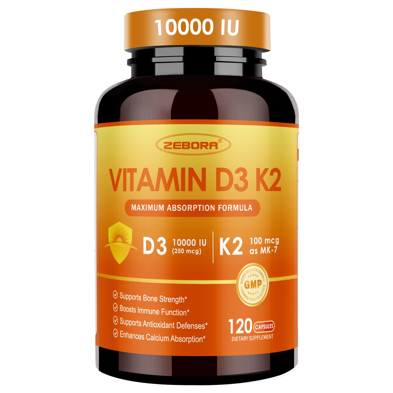 Vitamin D3 K2 10000 IU – Heart, Bone & Immune Support, 120 Caps