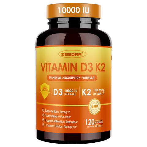 Vitamin D3 K2 10000 IU – Heart, Bone & Immune Support, 120 Caps