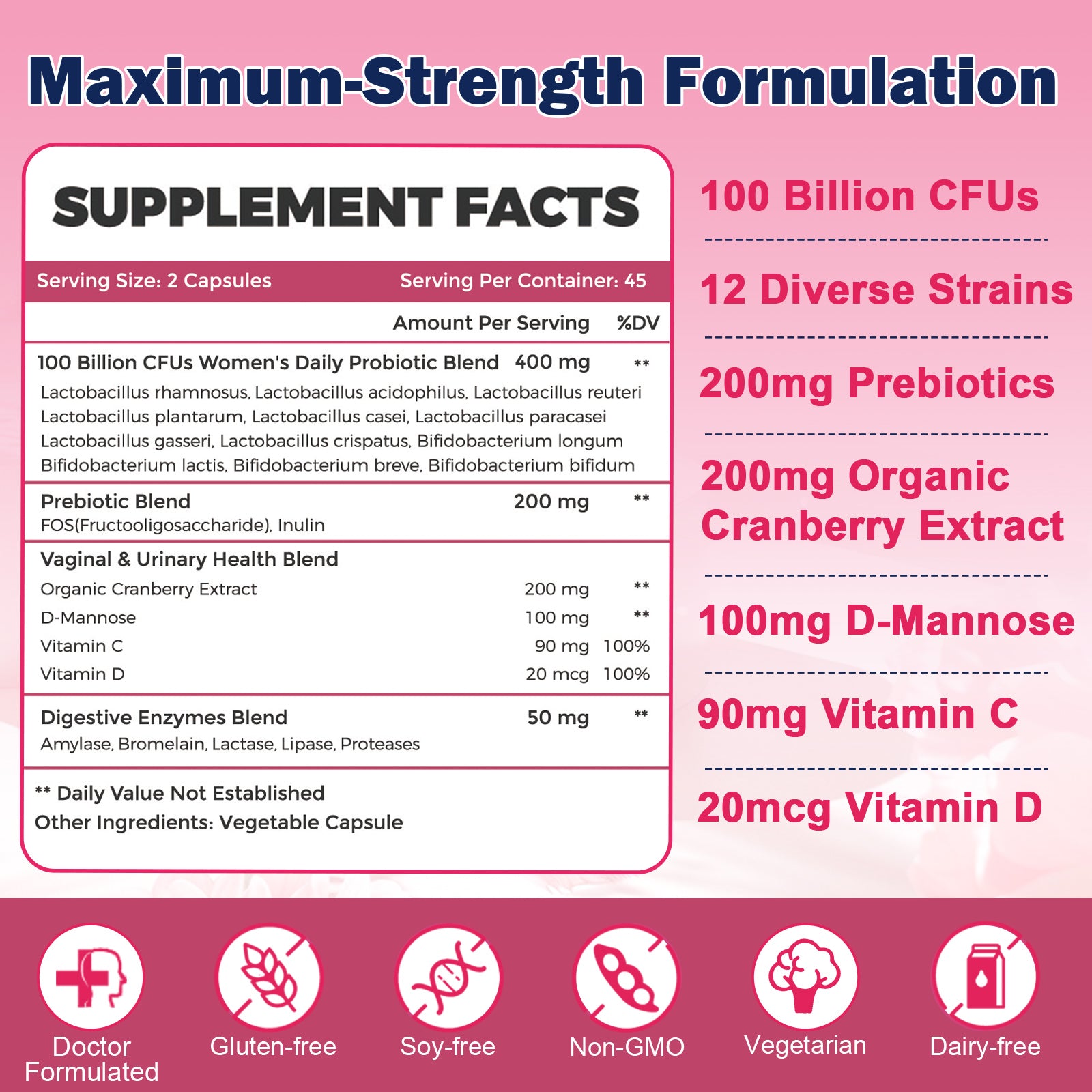 100B Women’s Probiotic for Vaginal pH, Digestive & Urinary Health with Cranberry & Prebiotics, 90 Cap