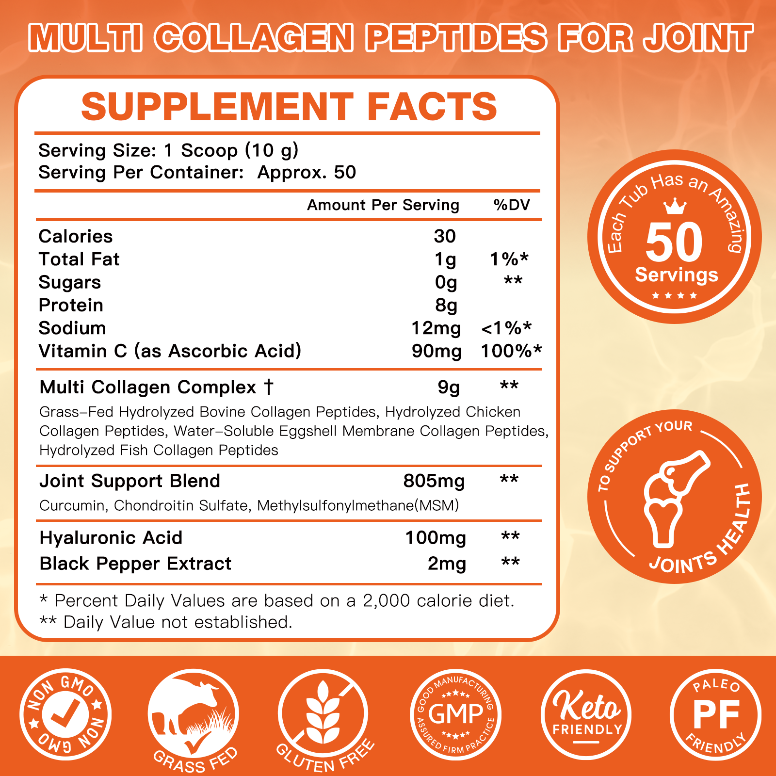 Multi Collagen Peptides Powder with MSM CS for Joint Recovery 50 Servings