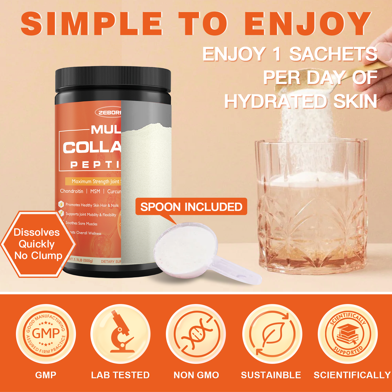Multi Collagen Peptides Powder with MSM CS for Joint Recovery 50 Servings
