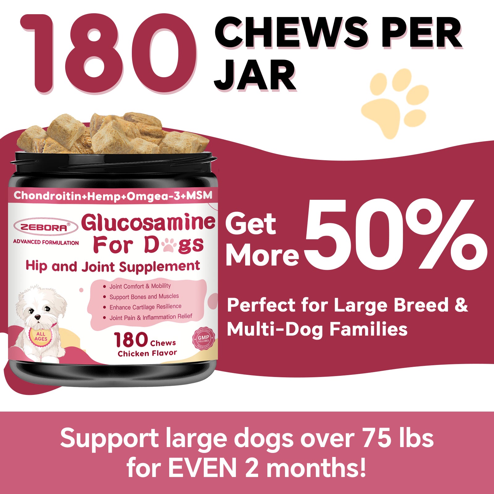 Dog Joint Supplement with Glucosamine, Chondroitin & MSM for Mobility & Joint Support, 180 Chews