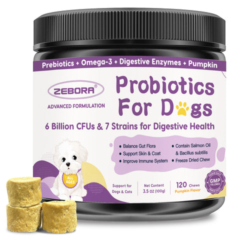 Dog Probiotics for Digestive Health, with Pumpkin, Digestive Enzymes, Omega-3, Support Gut, Immune Health, Upset Stomach Relief, 120 Freeze Dried Chews