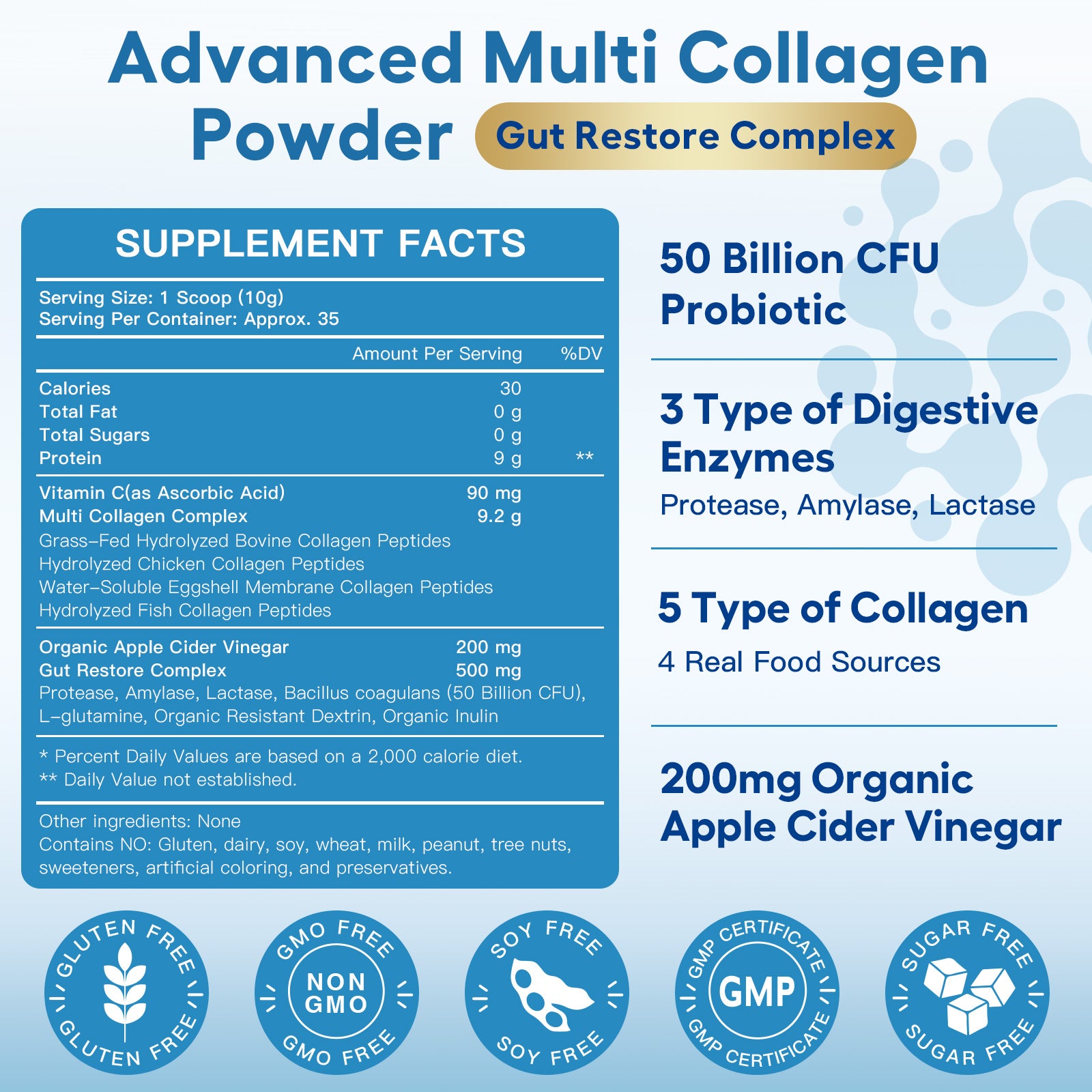 Multi Collagen Peptides Powder with Probiotics & Enzymes for Gut and Skin Health – 30 Servings