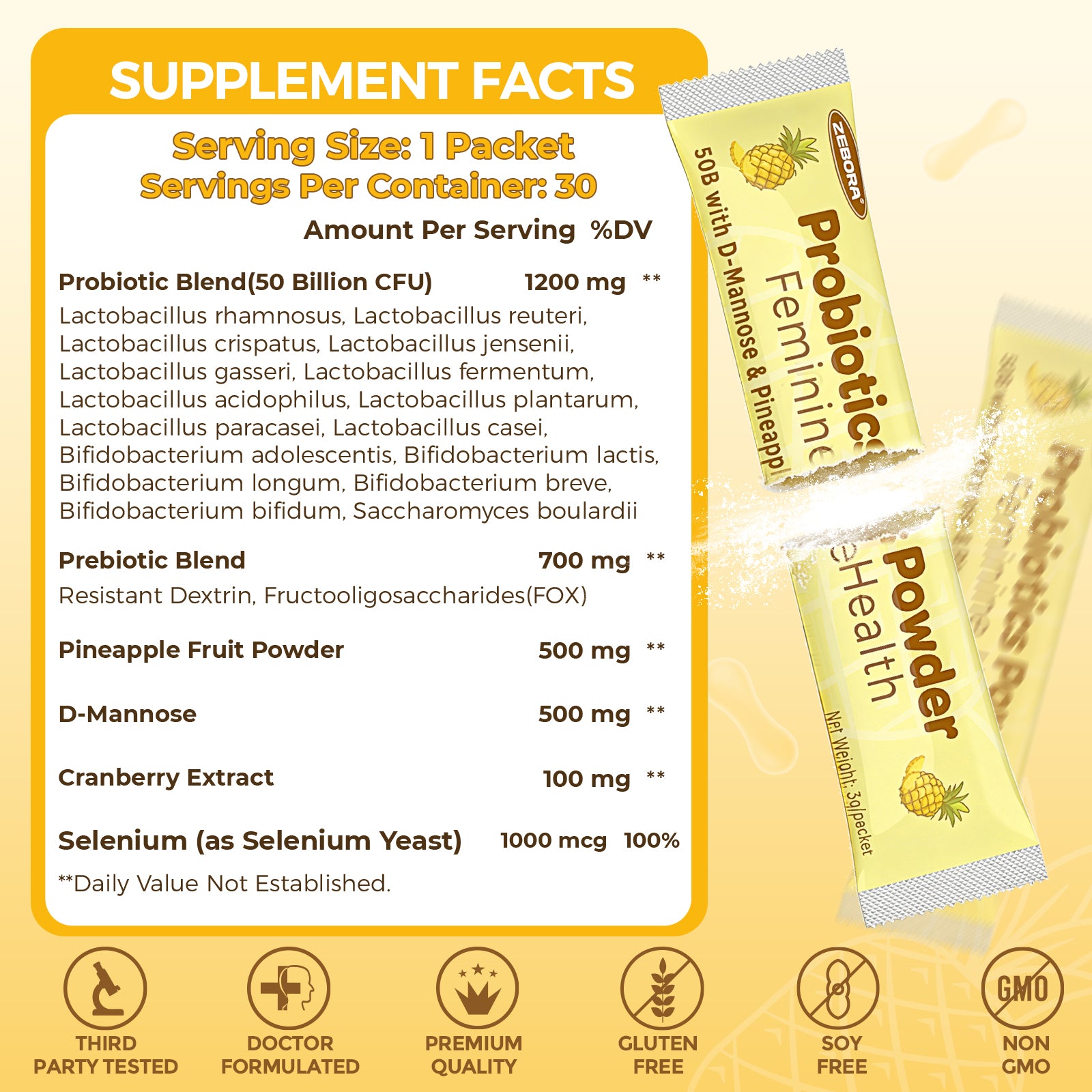 Vaginal Probiotic Powder for Women 50 Billion CFU 30 Packets Pineapple
