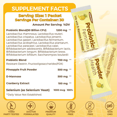 Vaginal Probiotic Powder for Women 50 Billion CFU 30 Packets Pineapple