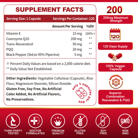 CoQ10 200mg with Trans-Resveratrol, PQQ and Vitamin E for Heart Support and Energy, 120 Veggie Capsules