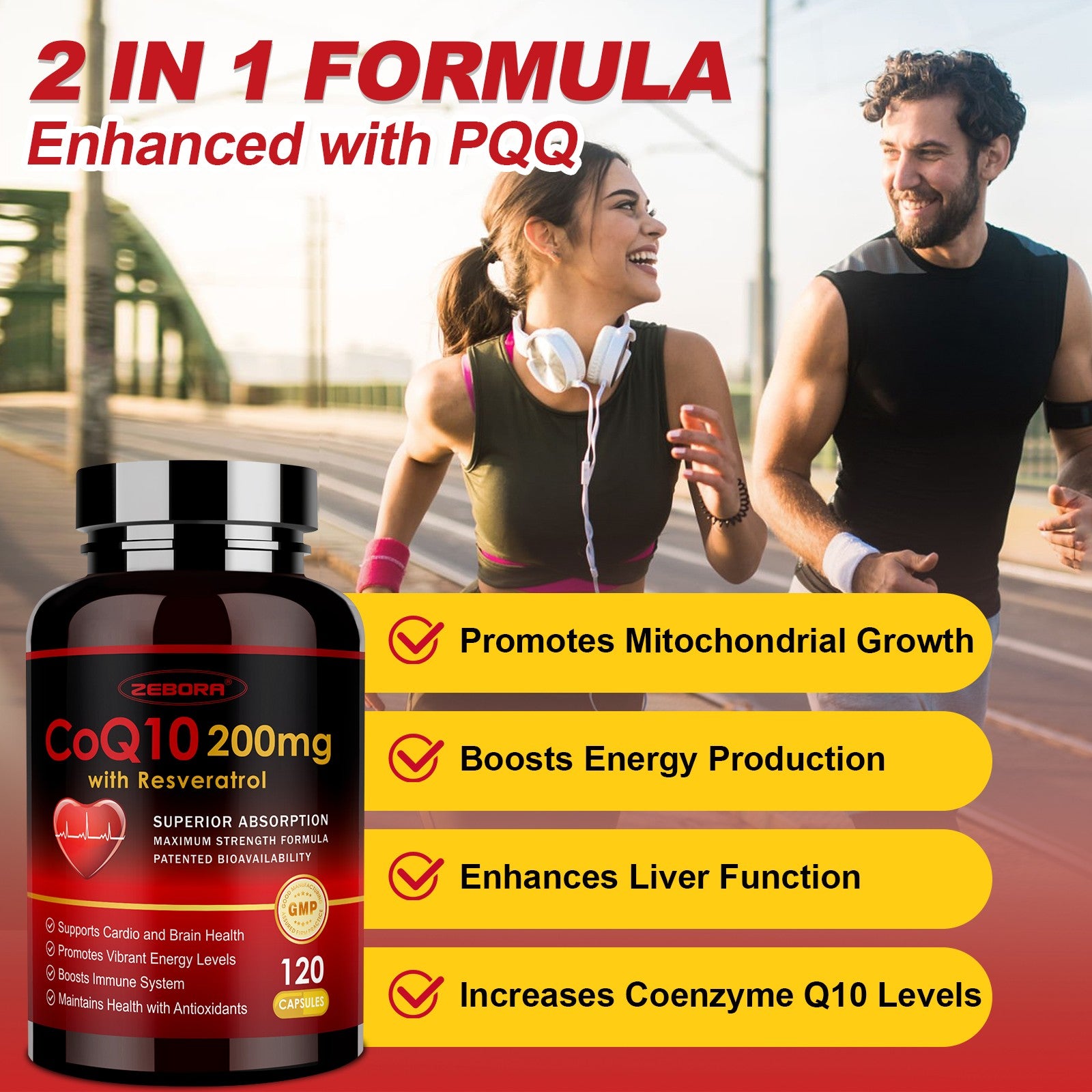 CoQ10 200mg with Trans-Resveratrol, PQQ and Vitamin E for Heart Support and Energy, 120 Veggie Capsules