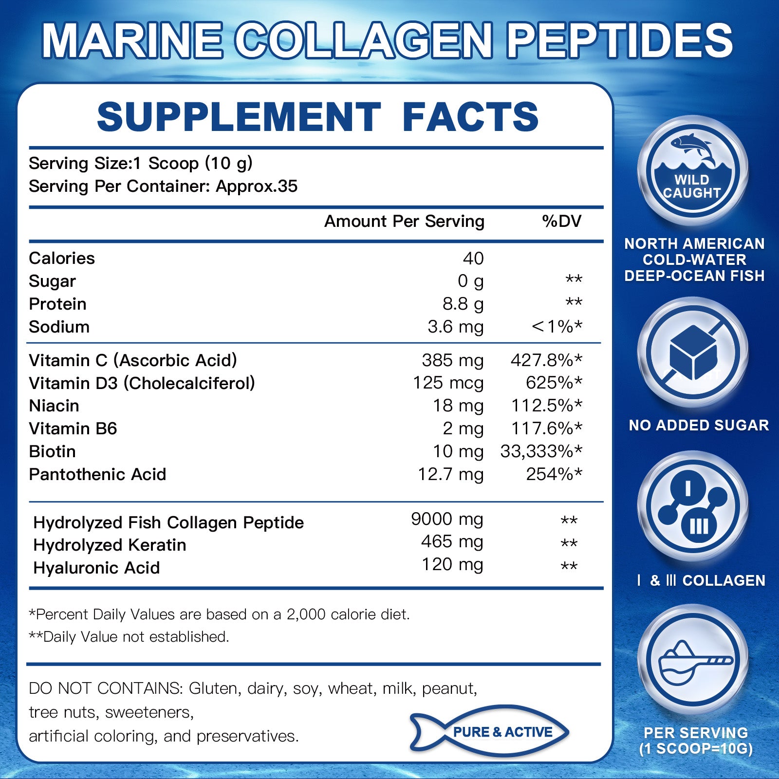 Marine Collagen Peptides Powder Wild Caught for Skin Hair and Joints, 50 Servings