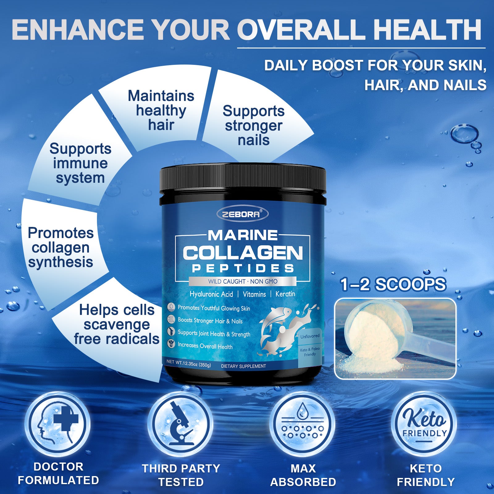 Marine Collagen Peptides Powder Wild Caught for Skin Hair and Joints, 50 Servings