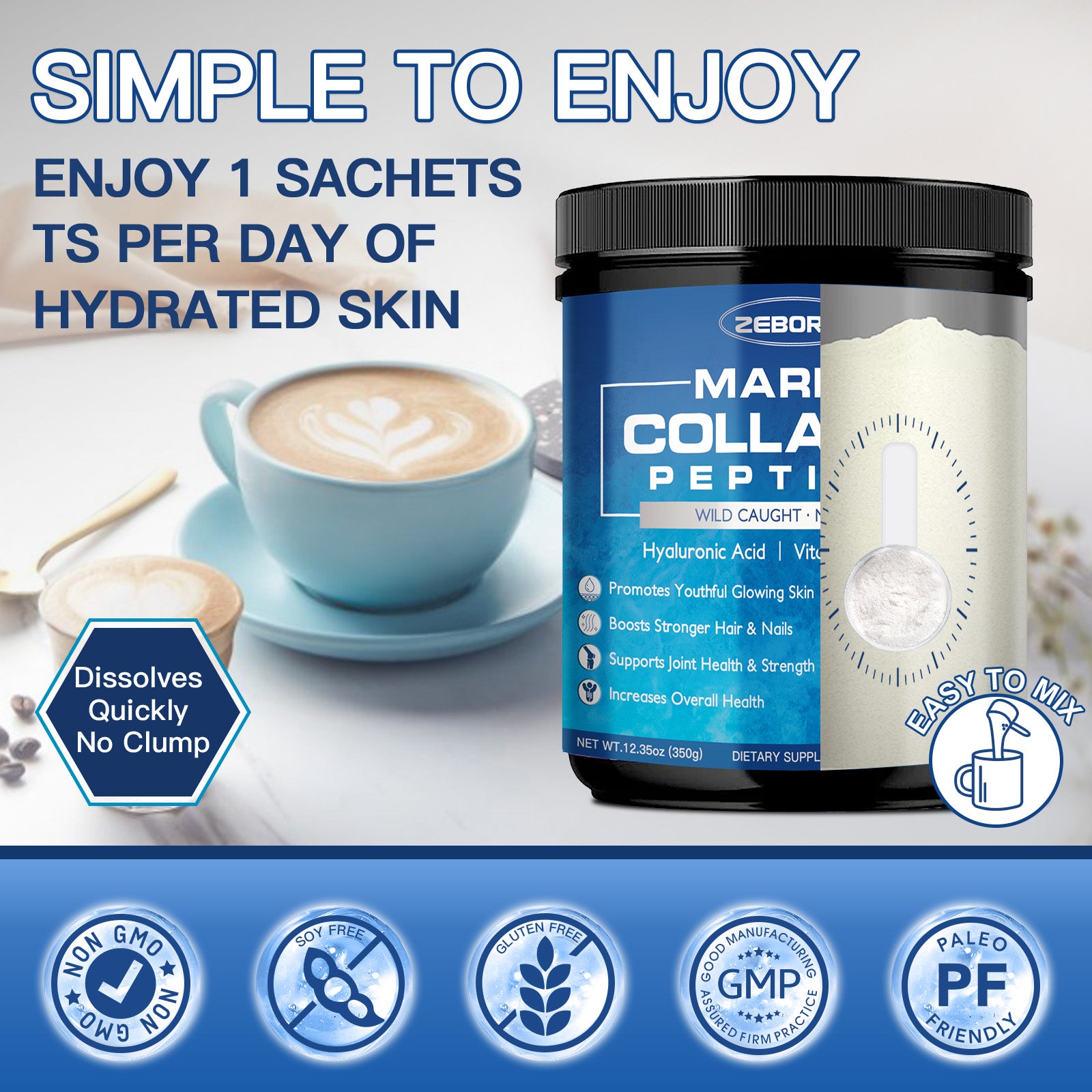Marine Collagen Peptides Powder Wild Caught for Skin Hair and Joints, 50 Servings