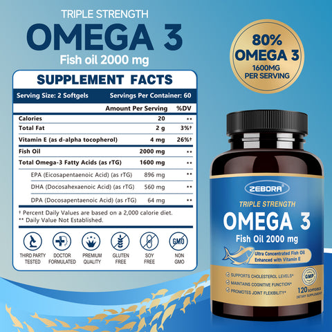 Triple Strength Omega 3 Fish Oil 2000mg rTG Formula for Heart Brain and Immune Health 120 Softgels