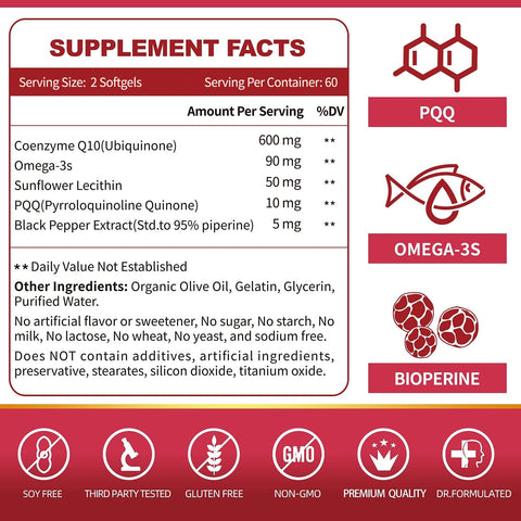 CoQ10 600mg Extra Strength with PQQ Omega 3 BioPerine Heart Health Energy 120 Softgels