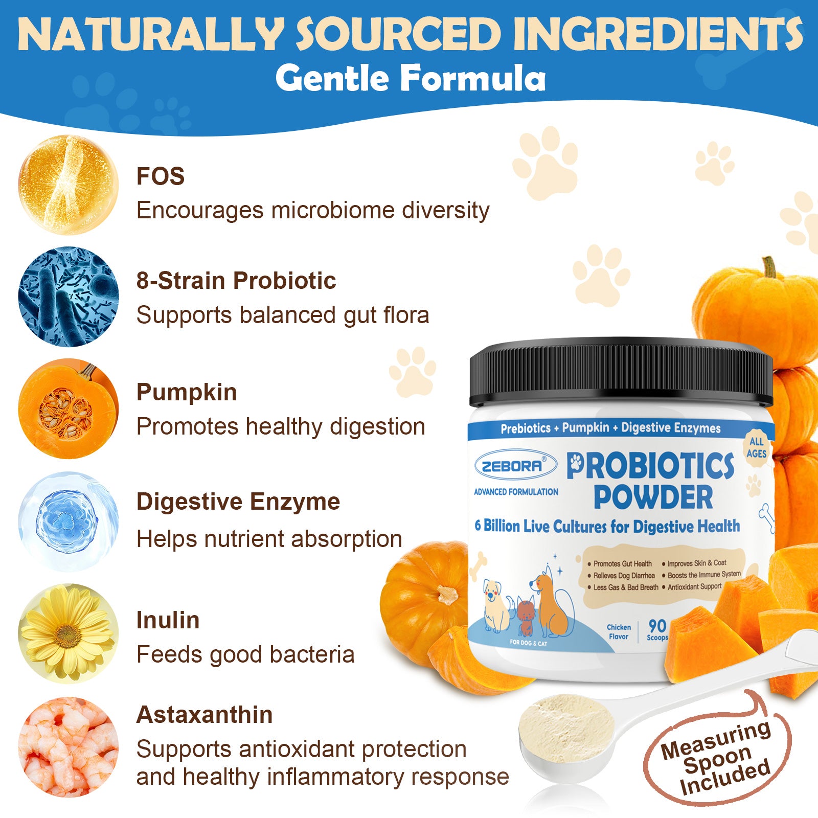 Probiotics for Dogs, Probiotic Powder with Pumpkin, Prebiotics & Digestive Enzymes, 6 Billion CFUs Dog Probiotics for Digestive Health, Gut & Immune Health, Chicken Flavor, 90 Scoops