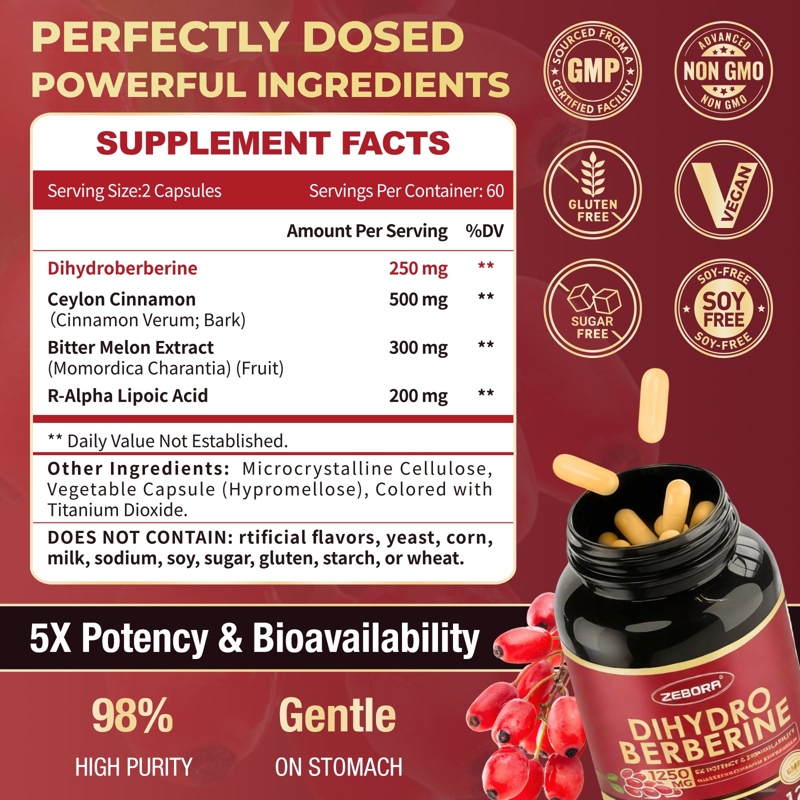 Dihydroberberine Complex with Ceylon Cinnamon and R-ALA for Immune and Heart Support, 120 Capsules