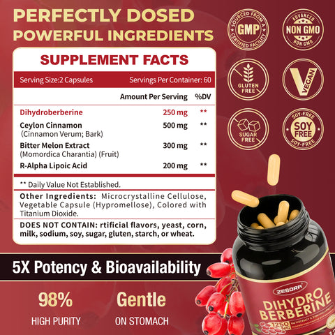 Dihydroberberine Complex with Ceylon Cinnamon and R-ALA for Immune and Heart Support, 120 Capsules