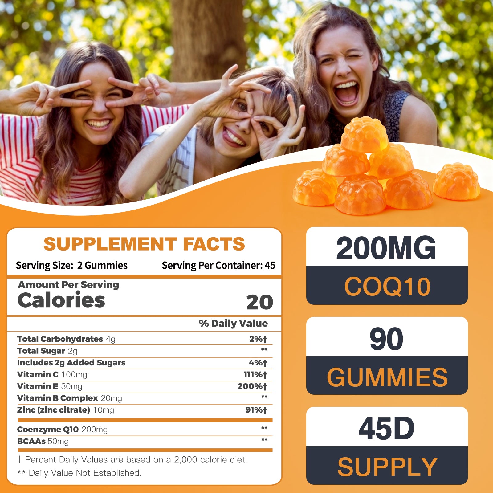 CoQ10 Supplement 200mg Gummies for Heart and Immune Support, Natural Orange, 90 Gummies
