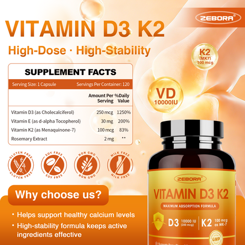 Vitamin D3 K2 10000 IU – Heart, Bone & Immune Support, 120 Caps