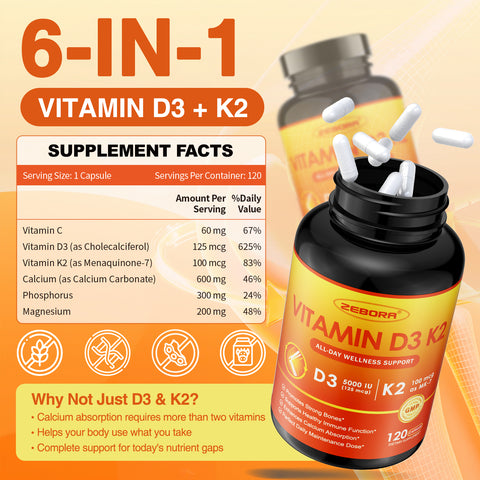 Vitamin D3 K2 5000 IU – 6-in-1 Bone & Immune Support with Magnesium & Calcium, 120 Caps