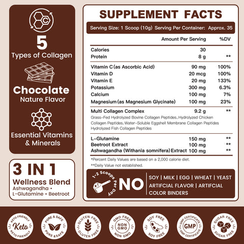 Multi Collagen Peptides Type I II III V X with Vitamin C, Chocolate Powder, 35 Servings