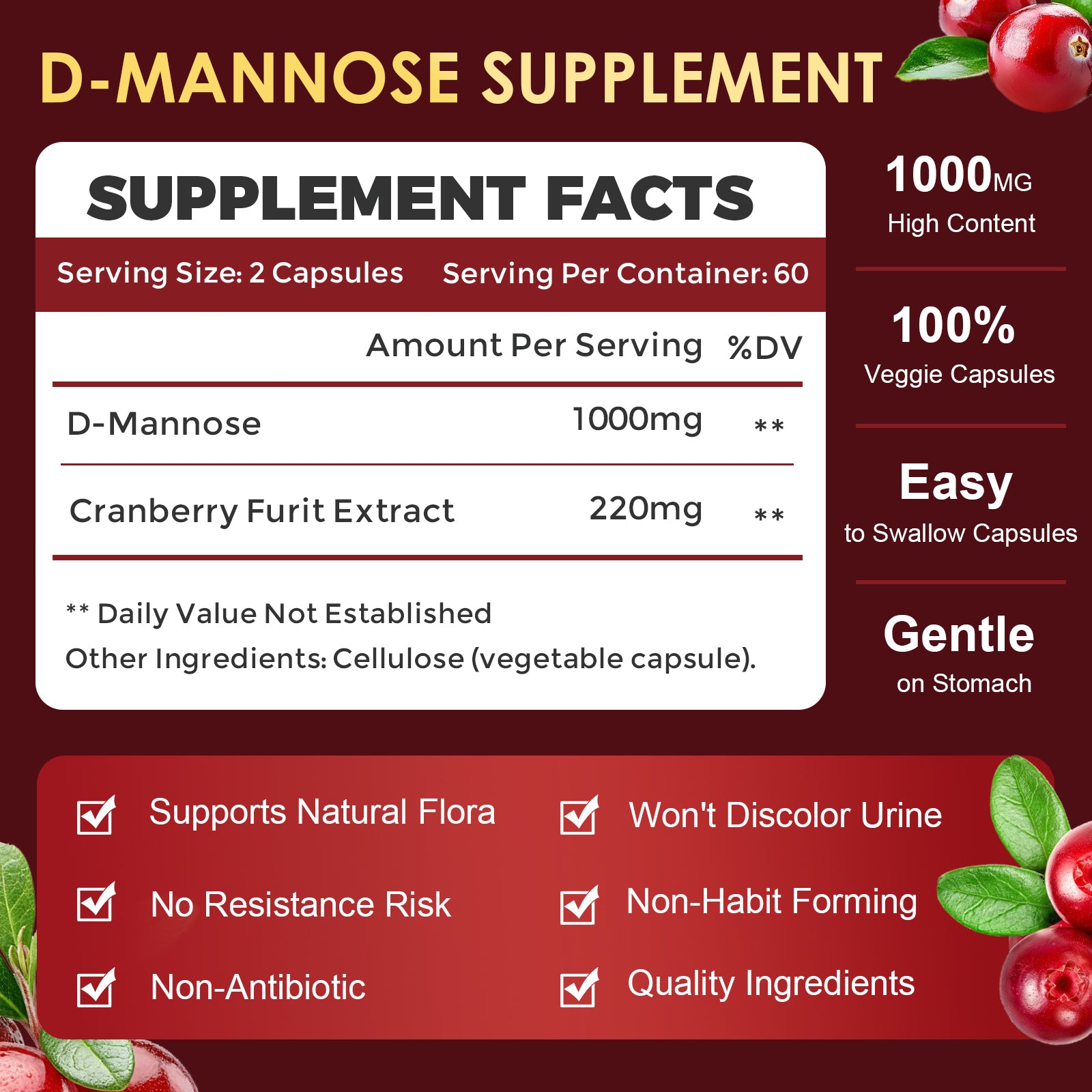 D Mannose 1000mg Plus Cranberry Extract Urinary and Bladder Support, 120 Capsules