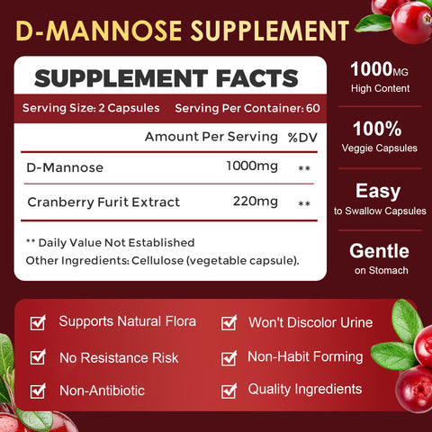 D Mannose 1000mg Plus Cranberry Extract Urinary and Bladder Support, 120 Capsules