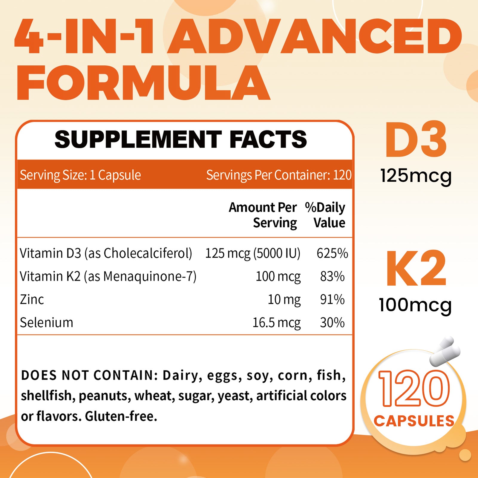 Vitamin D3+K2 5000 IU 120 capsules for bone, heart and immune support, 120 caps