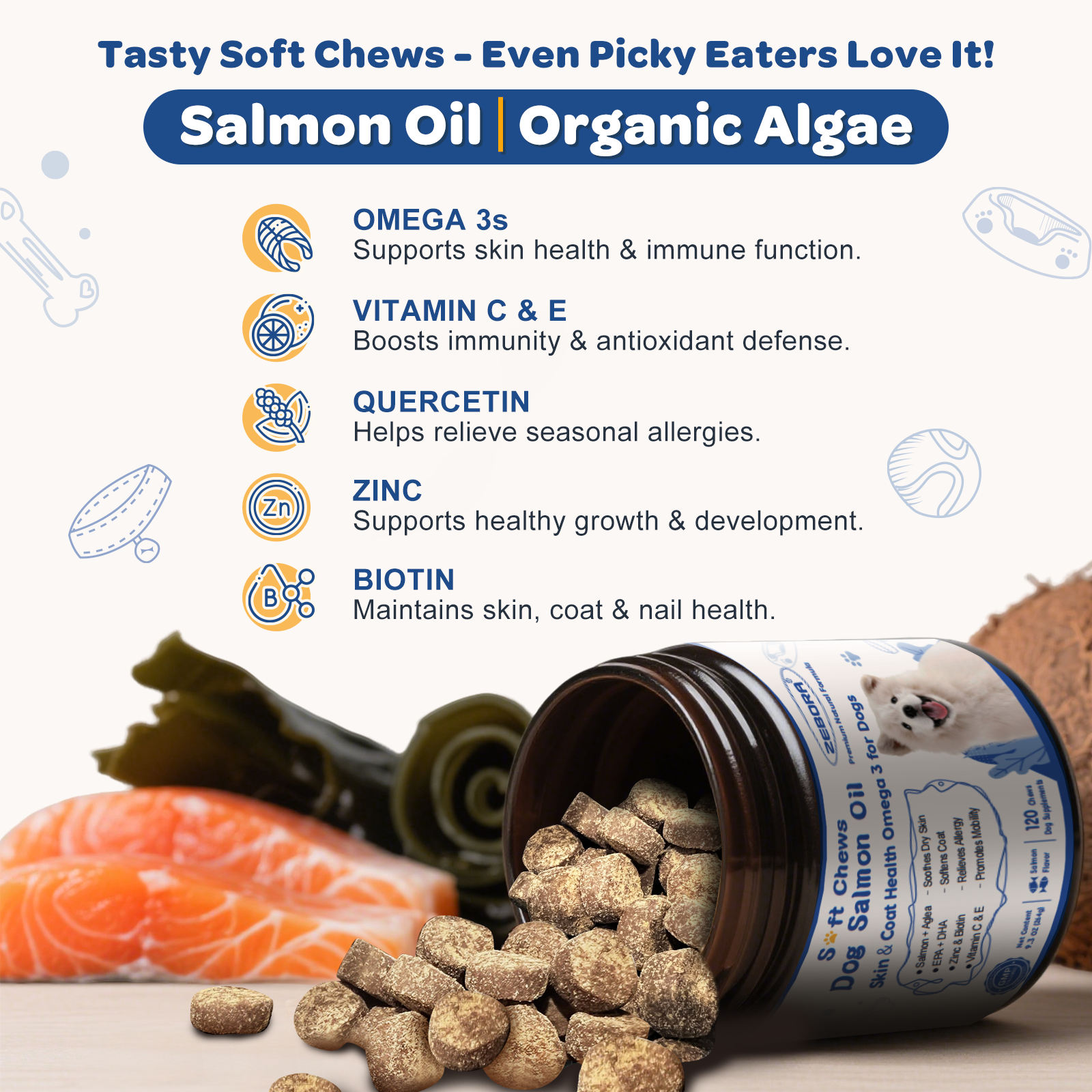 Salmon Oil for Dogs Skin and Coat - Omega 3 6 9 Fish Oil Soft Chews for Dogs Itchy Skin Relief - Dog Fish Oil Supplements EPA DHA Rich with Vitamins C & E - Allergy Relief & Shedding, 120 Ct