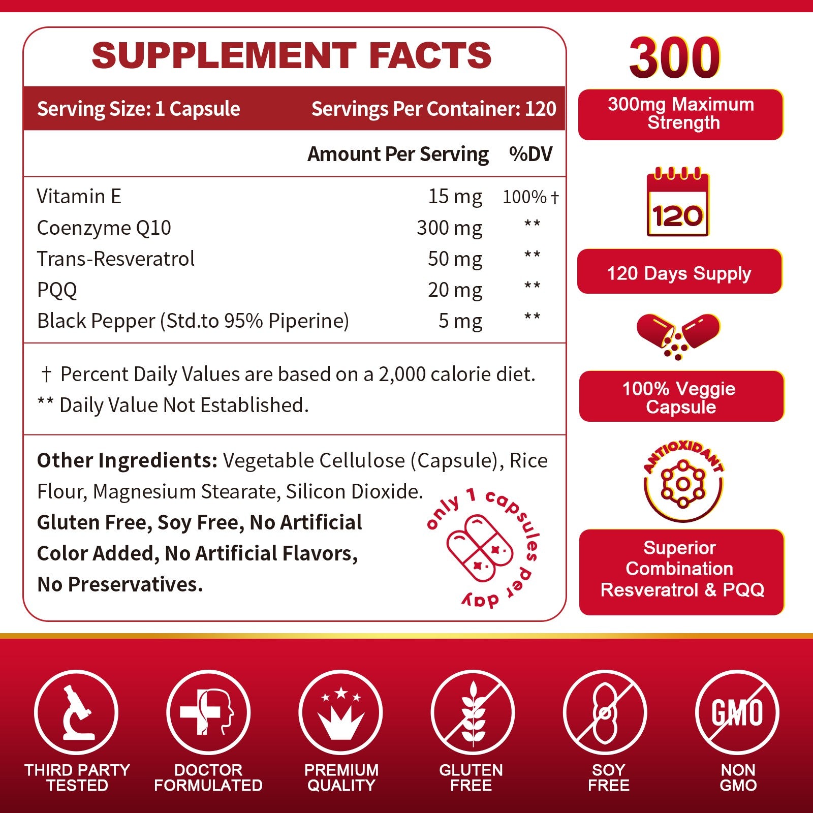 CoQ10 300mg with Trans-Resveratrol, PQQ and Vitamin E, High Absorption Antioxidant for Heart and Energy, 120 Veggie Capsules