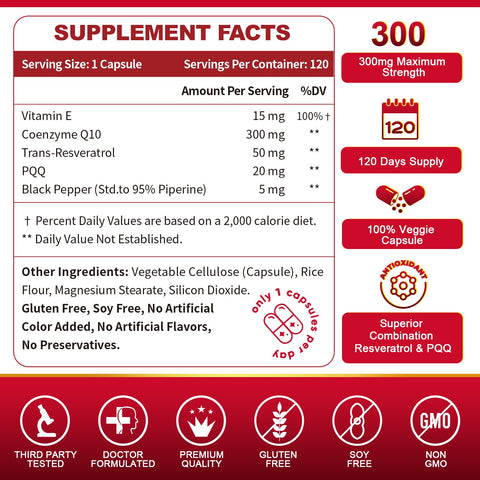 CoQ10 300mg with Trans-Resveratrol, PQQ and Vitamin E, High Absorption Antioxidant for Heart and Energy, 120 Veggie Capsules