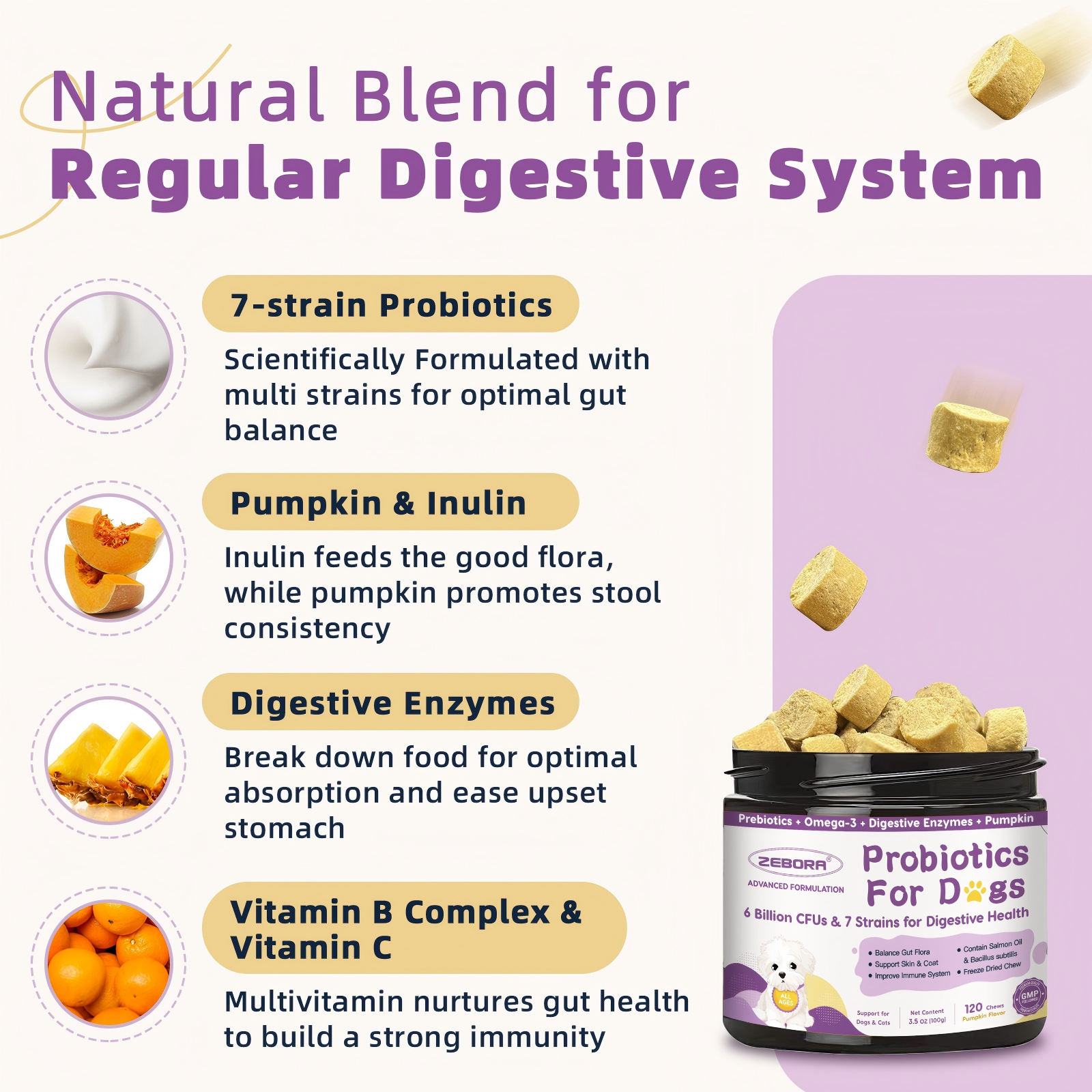 Dog Probiotics for Digestive Health, with Pumpkin, Digestive Enzymes, Omega-3, Support Gut, Immune Health, Upset Stomach Relief, 120 Freeze Dried Chews