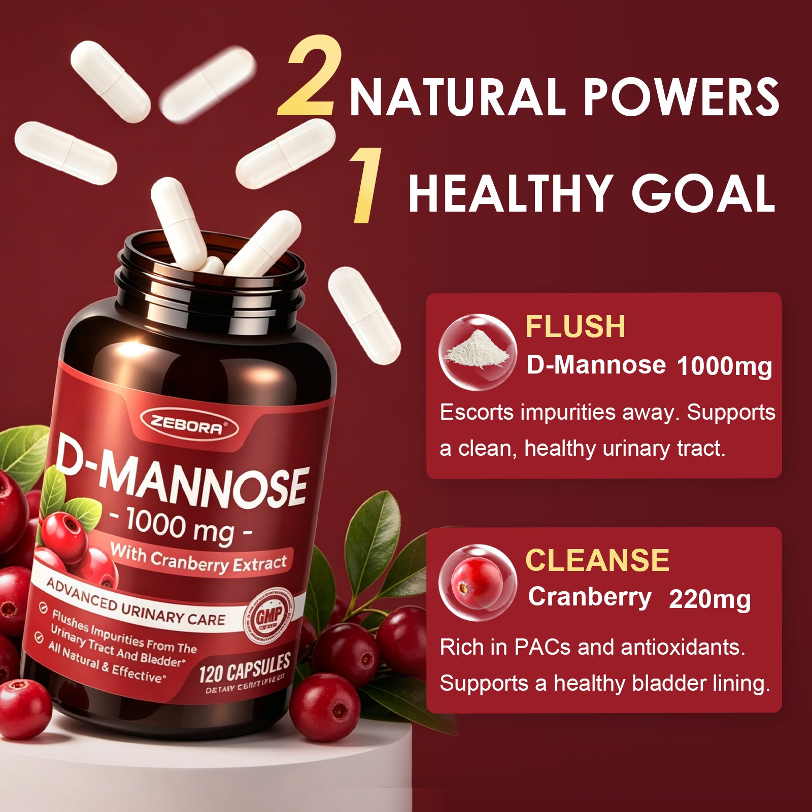 D Mannose 1000mg Plus Cranberry Extract Urinary and Bladder Support, 120 Capsules