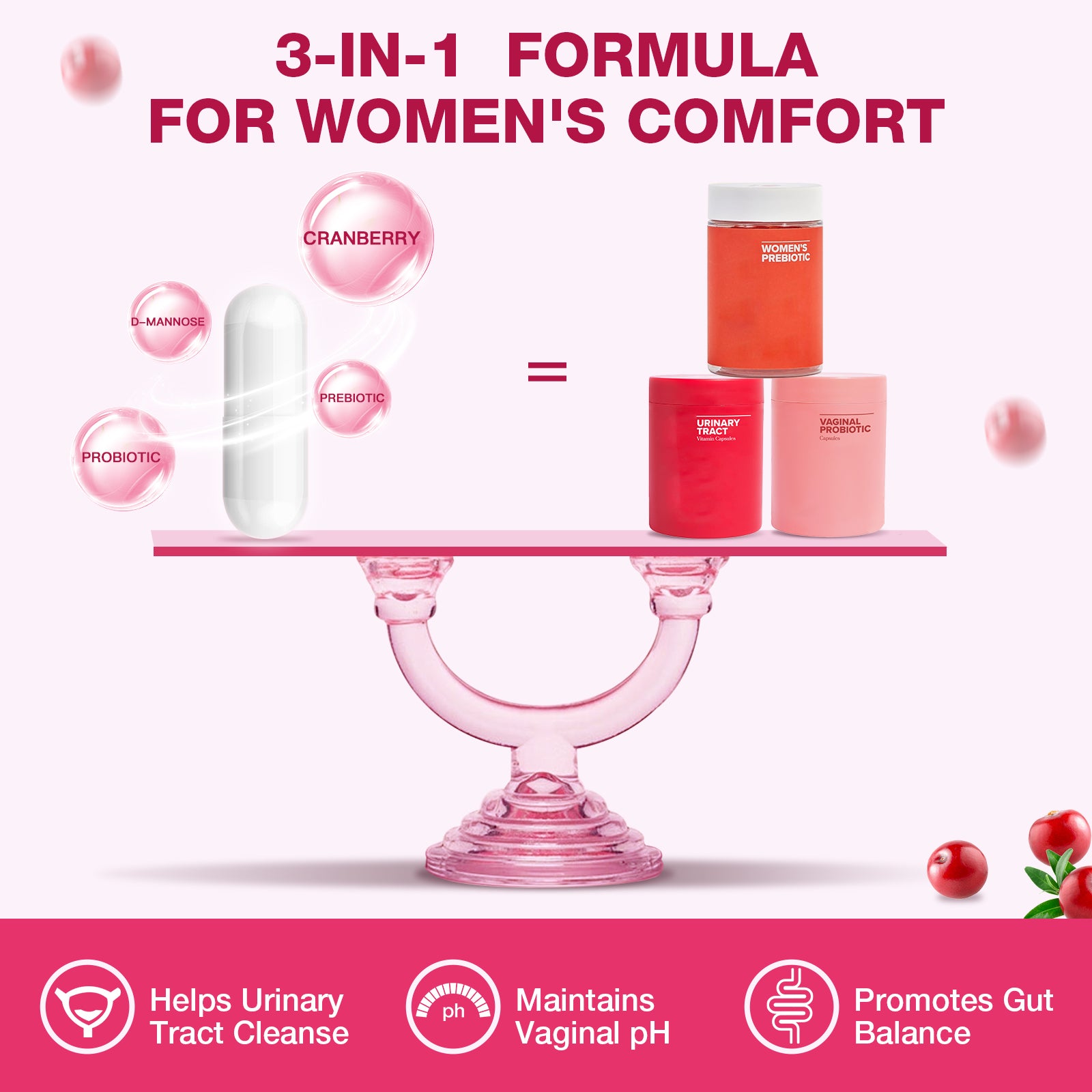 Probiotics for Women, Vaginal Probiotic with Cranberry, Organic Prebiotics, D-Mannose, & Vitamin C, 90 Vegan Capsules