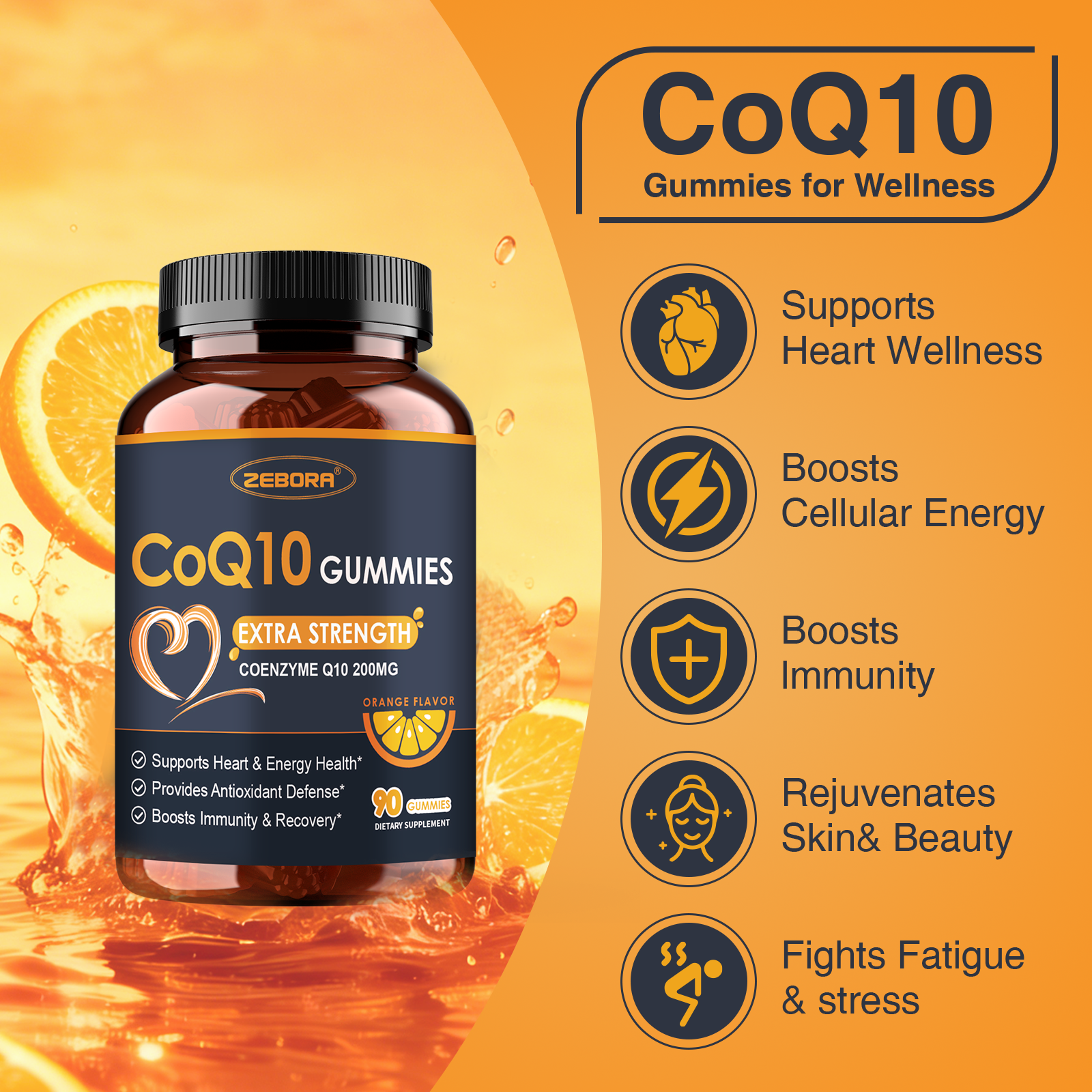 CoQ10 Supplement 200mg Gummies for Heart and Immune Support, Natural Orange, 90 Gummies