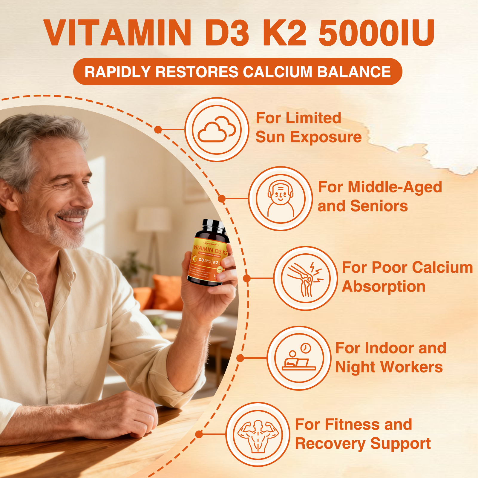 Vitamin D3 K2 5000 IU – 6-in-1 Bone & Immune Support with Magnesium & Calcium, 120 Caps