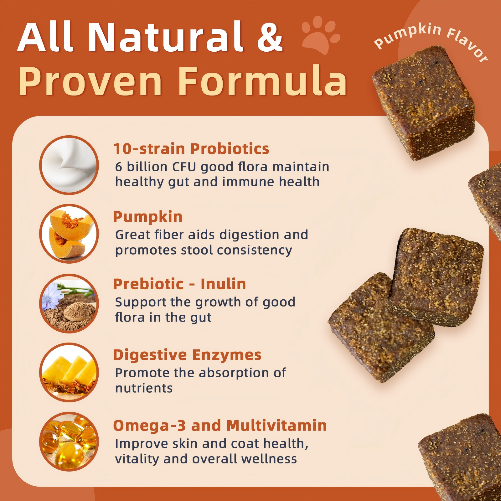 Probiotics for Dogs - Dog Probiotics, Pumpkin for Digestive & Gut Health, Digestive Enzymes & Prebiotic for Occasional Diarrhea, Support Immune, Skin & Allergies, 120 Soft Chews, Pumpkin Flavor