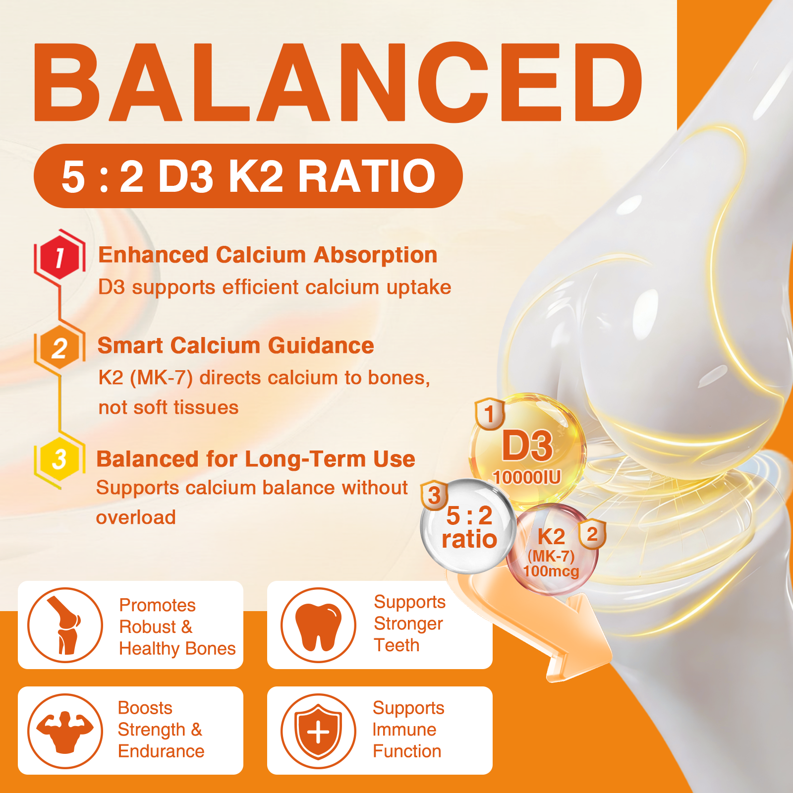 Vitamin D3 K2 10000 IU – Heart, Bone & Immune Support, 120 Caps