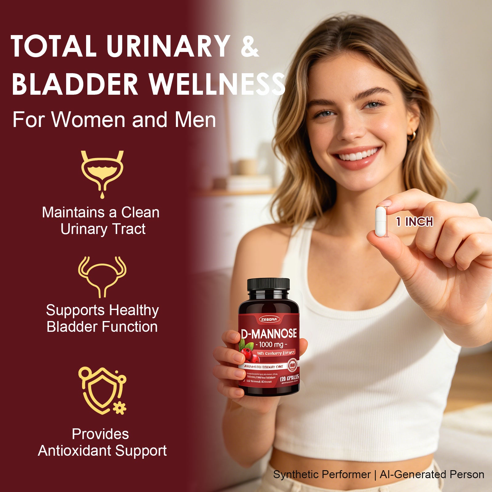 D Mannose 1000mg Plus Cranberry Extract Urinary and Bladder Support, 120 Capsules