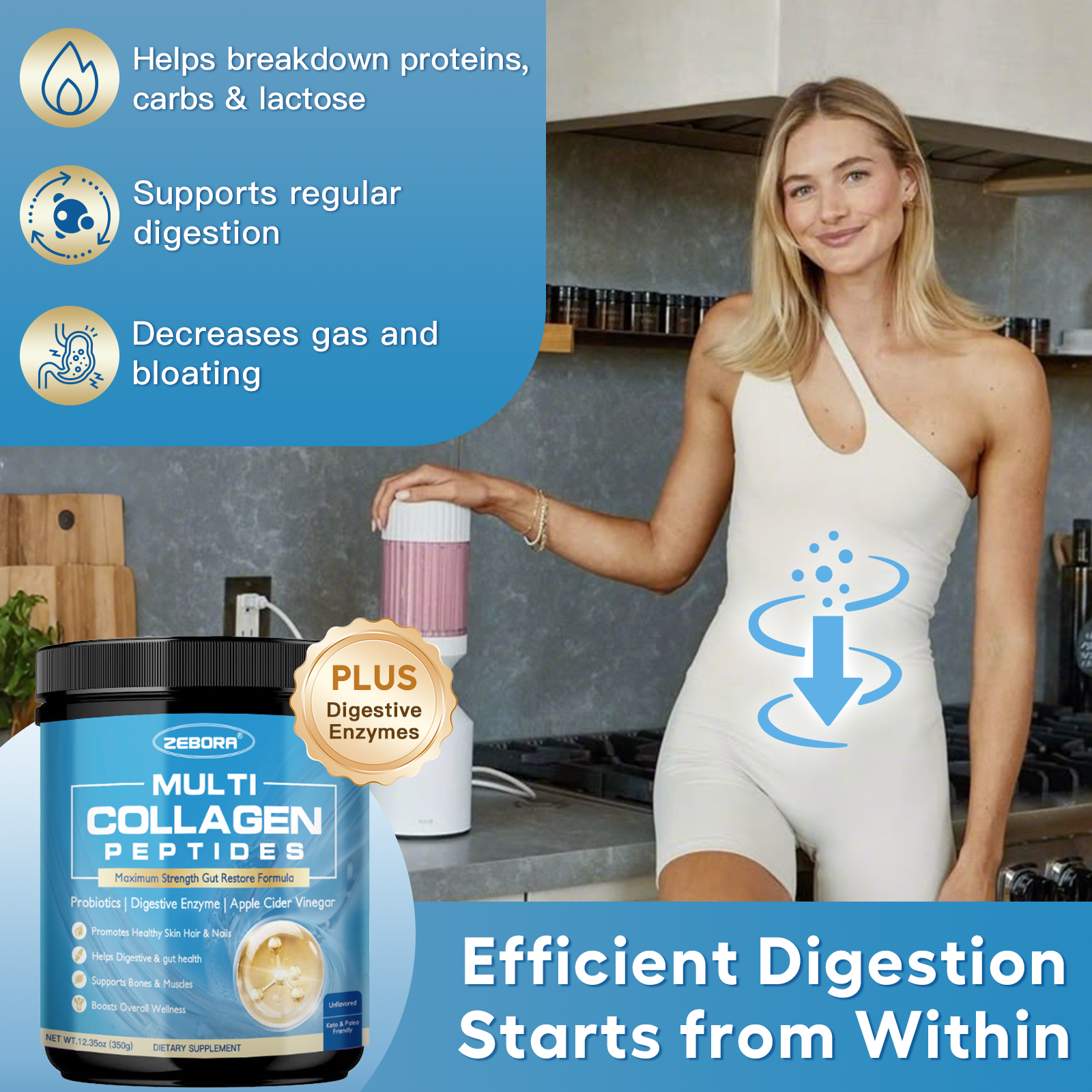 Multi Collagen Peptides Powder with Probiotics & Enzymes for Gut and Skin Health – 30 Servings