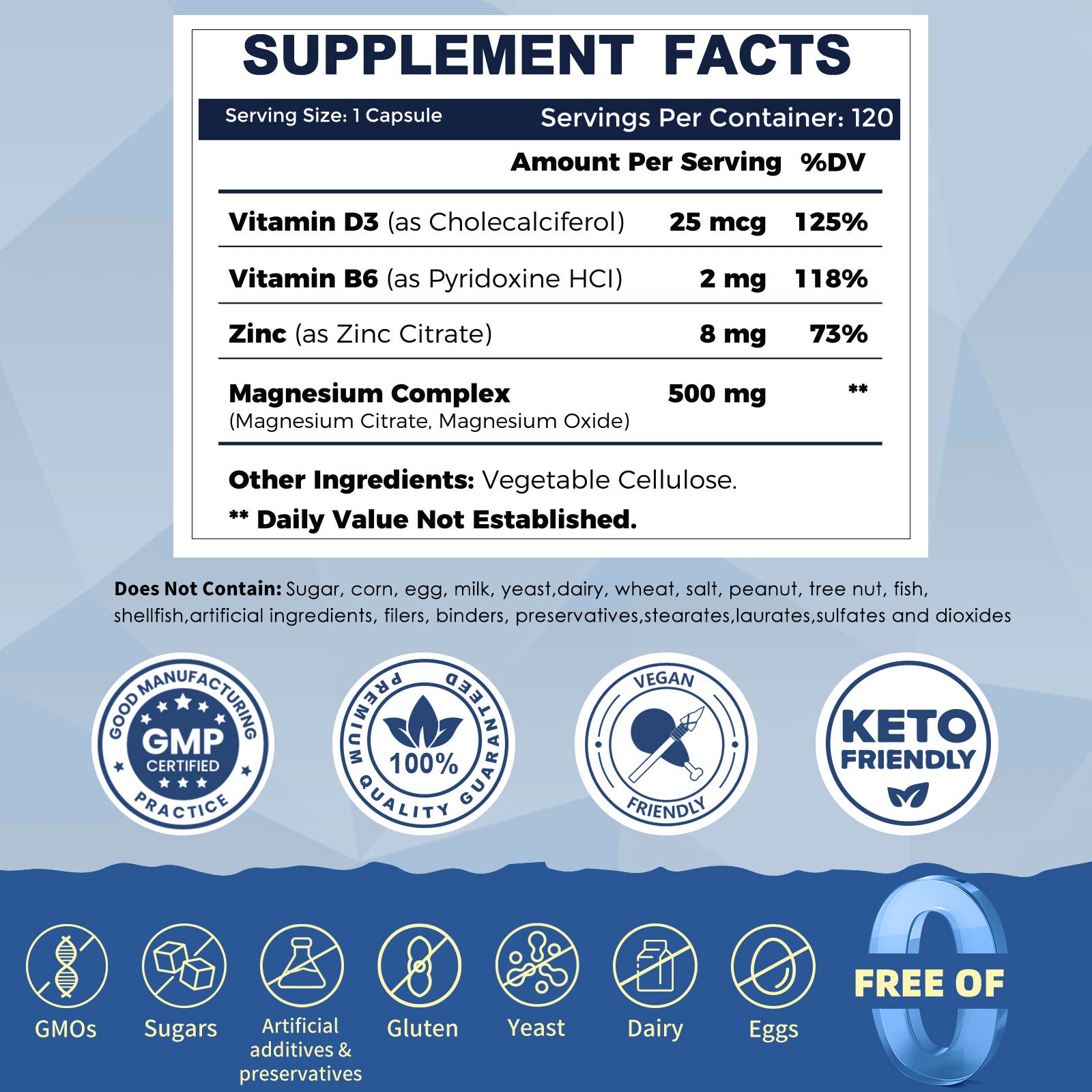 High Absorption Triple Magnesium Complex with Zinc and D3 for Total Body Support Vegan 120 Capsules