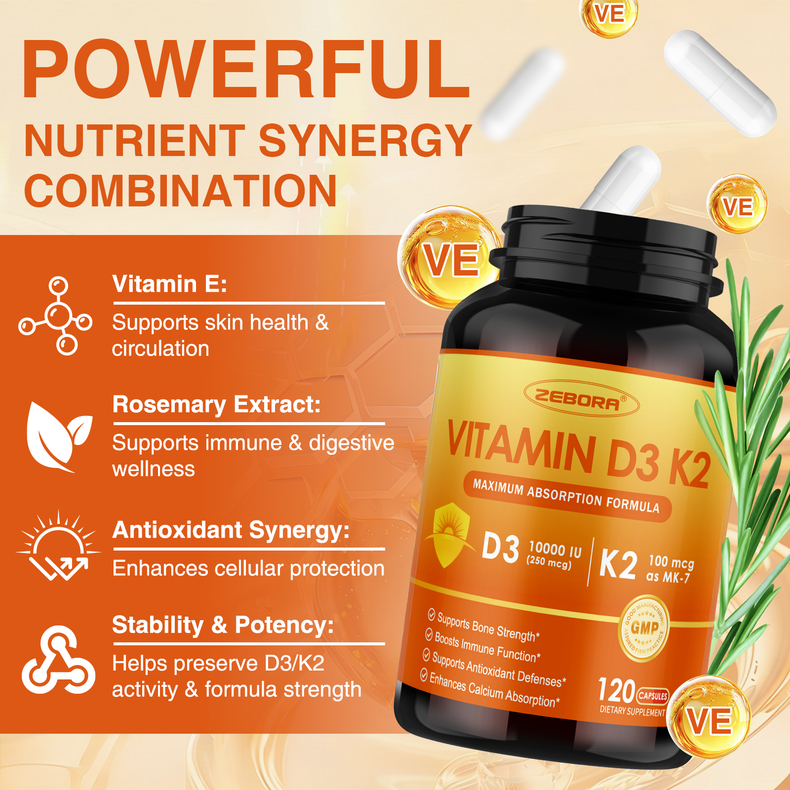 Vitamin D3 K2 10000 IU – Heart, Bone & Immune Support, 120 Caps