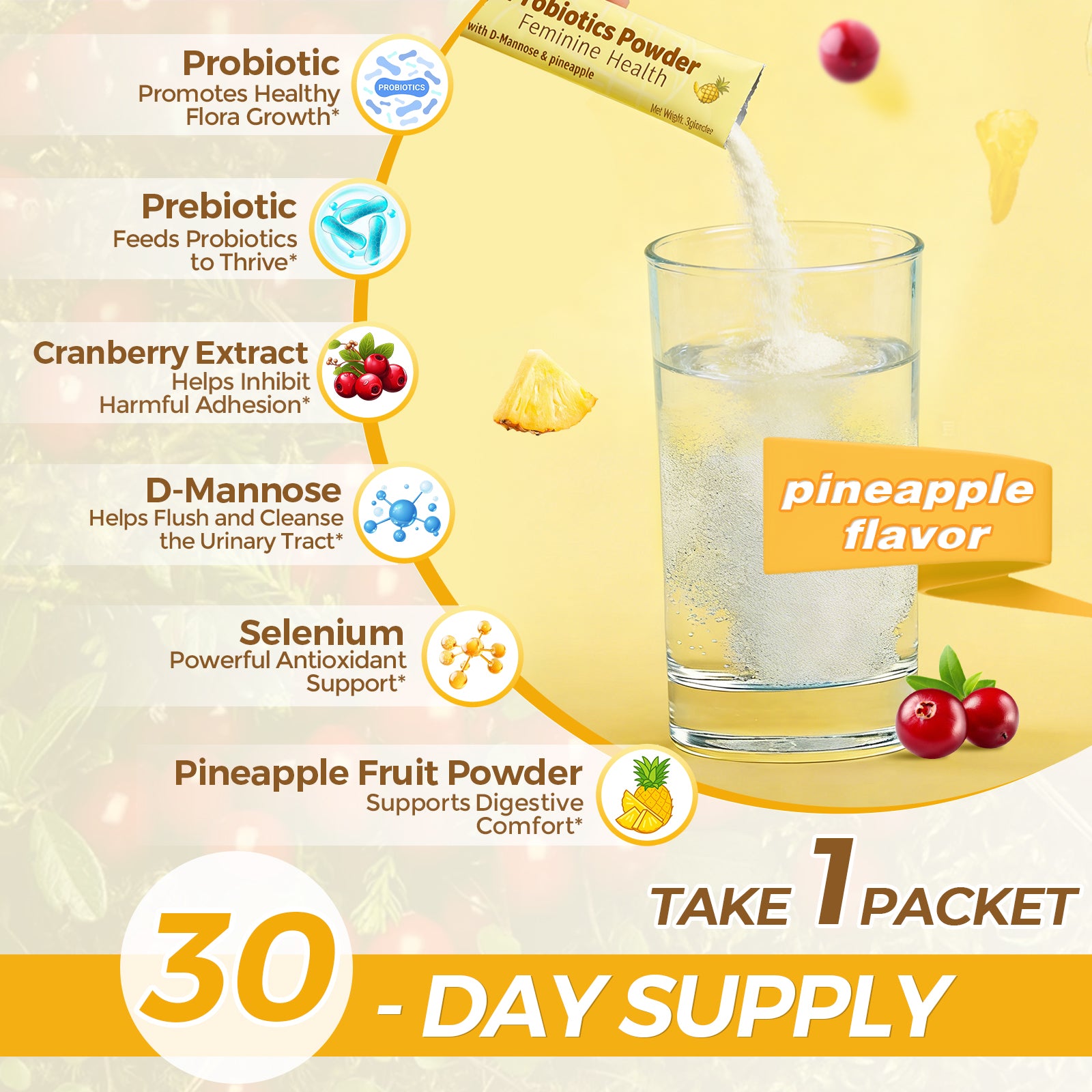 Vaginal Probiotic Powder for Women 50 Billion CFU 30 Packets Pineapple