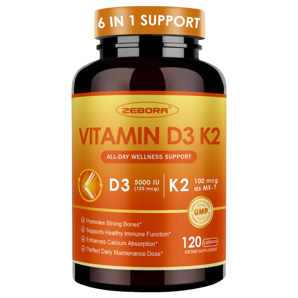 Vitamin D3 K2 5000 IU – 6-in-1 Bone & Immune Support with Magnesium & Calcium, 120 Caps