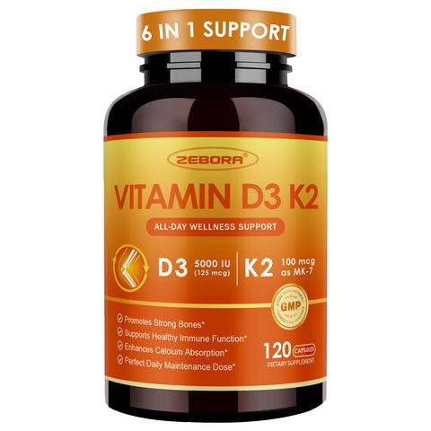 Vitamin D3 K2 5000 IU – 6-in-1 Bone & Immune Support with Magnesium & Calcium, 120 Caps