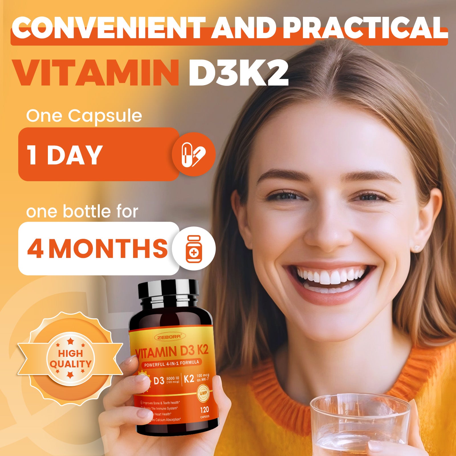 Vitamin D3+K2 5000 IU 120 capsules for bone, heart and immune support, 120 caps
