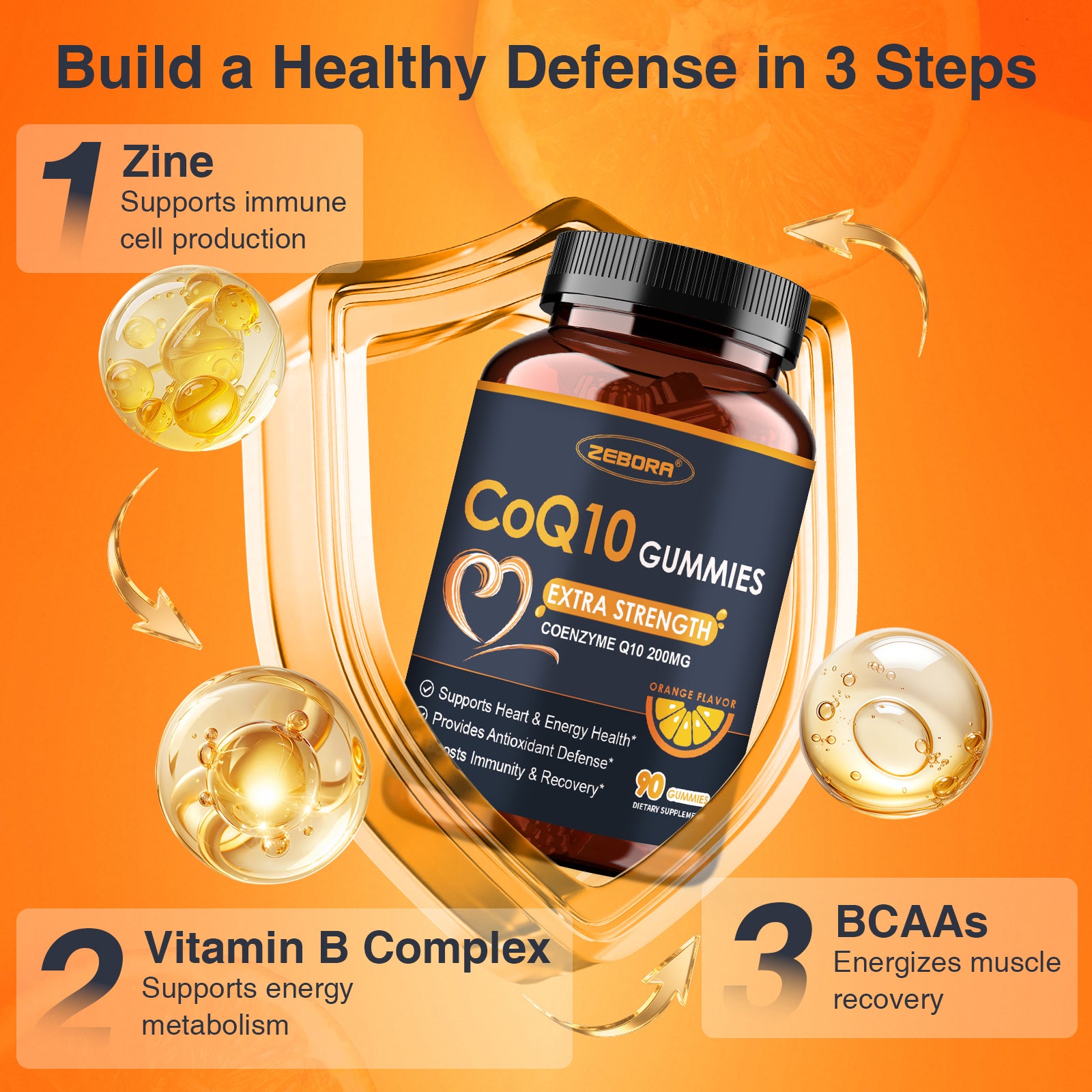 CoQ10 Supplement 200mg Gummies for Heart and Immune Support, Natural Orange, 90 Gummies